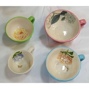 Set of 4 Stacking Ceramic Botanical Measuring Tea Cups Cottagecore